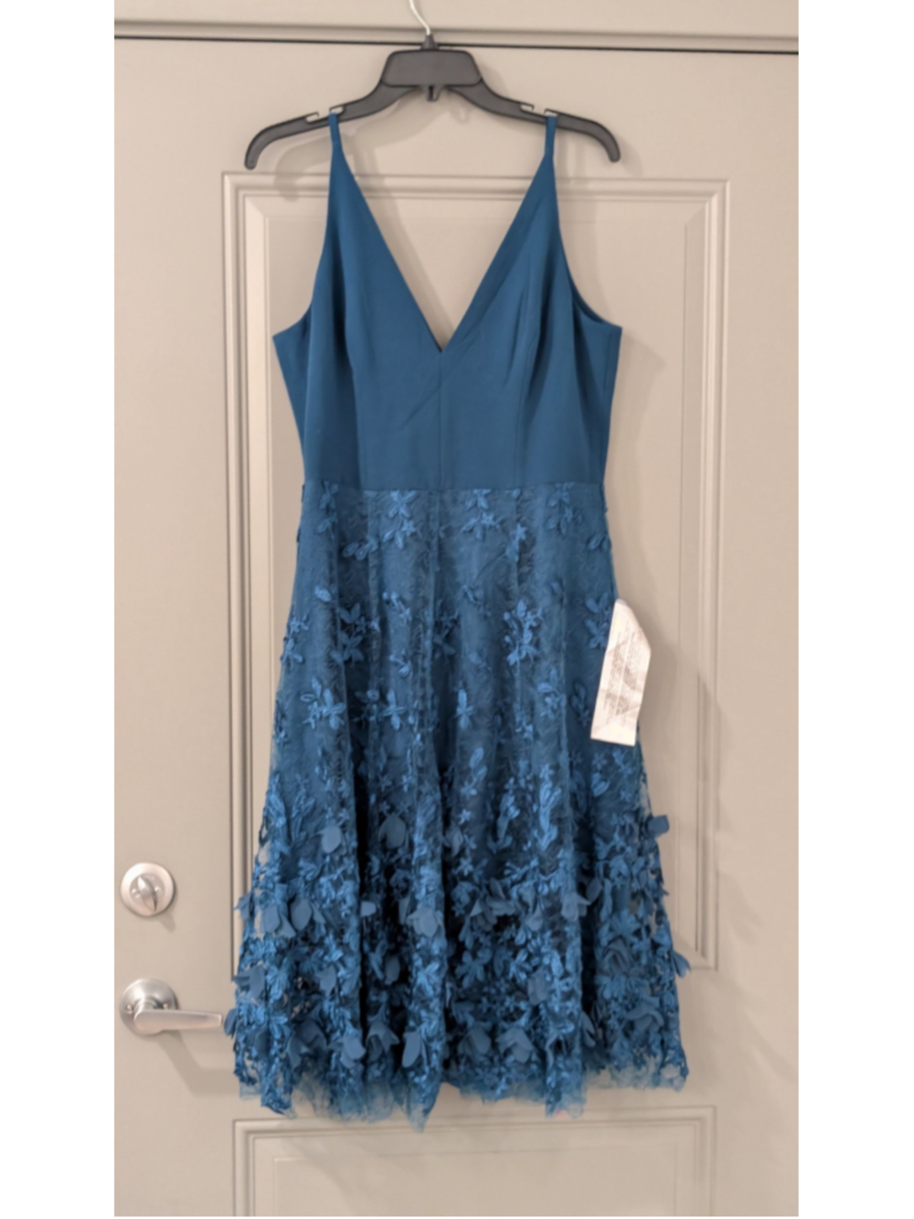 Dress The Population Teal Blue 3D Floral Lace Midi Dress Size Large NWT